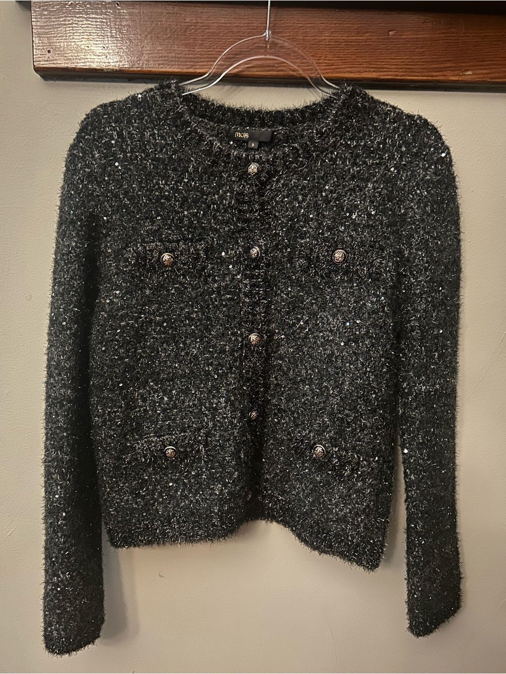 Maje Sequin-Embellished Cropped Knit Cardigan Sweater Jacket Size Medium 2